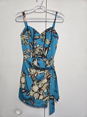 Land Of The Free XS Blue Floral Romper Corset Smocked Tie Waist Tropical